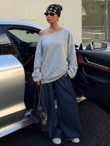 SHEIN EZwear 女款休閒淺灰色不對稱肩鬆身長袖運動衫，33%棉，適合秋季早午餐、夏冬反季穿搭 - 灰色 - 查看 6