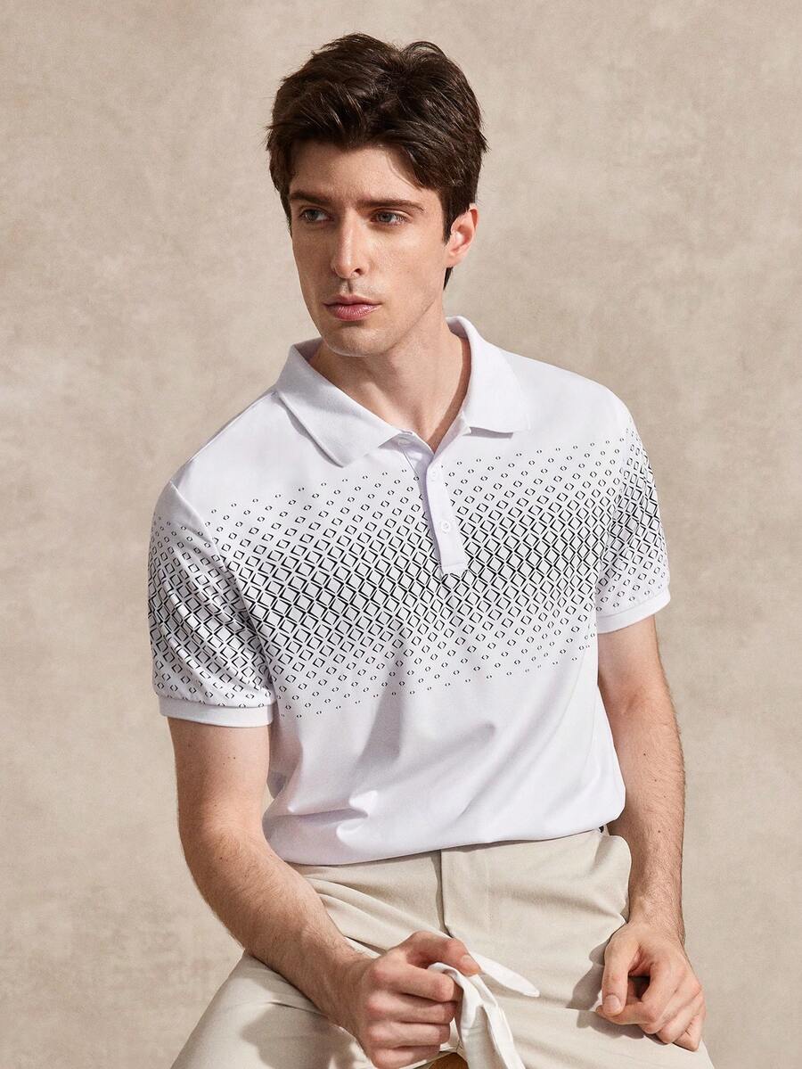 Courvante Men's Button-Down Short-Sleeved Printed Design Slim Fit Business Mature Style Polo Shirt - White - View 1