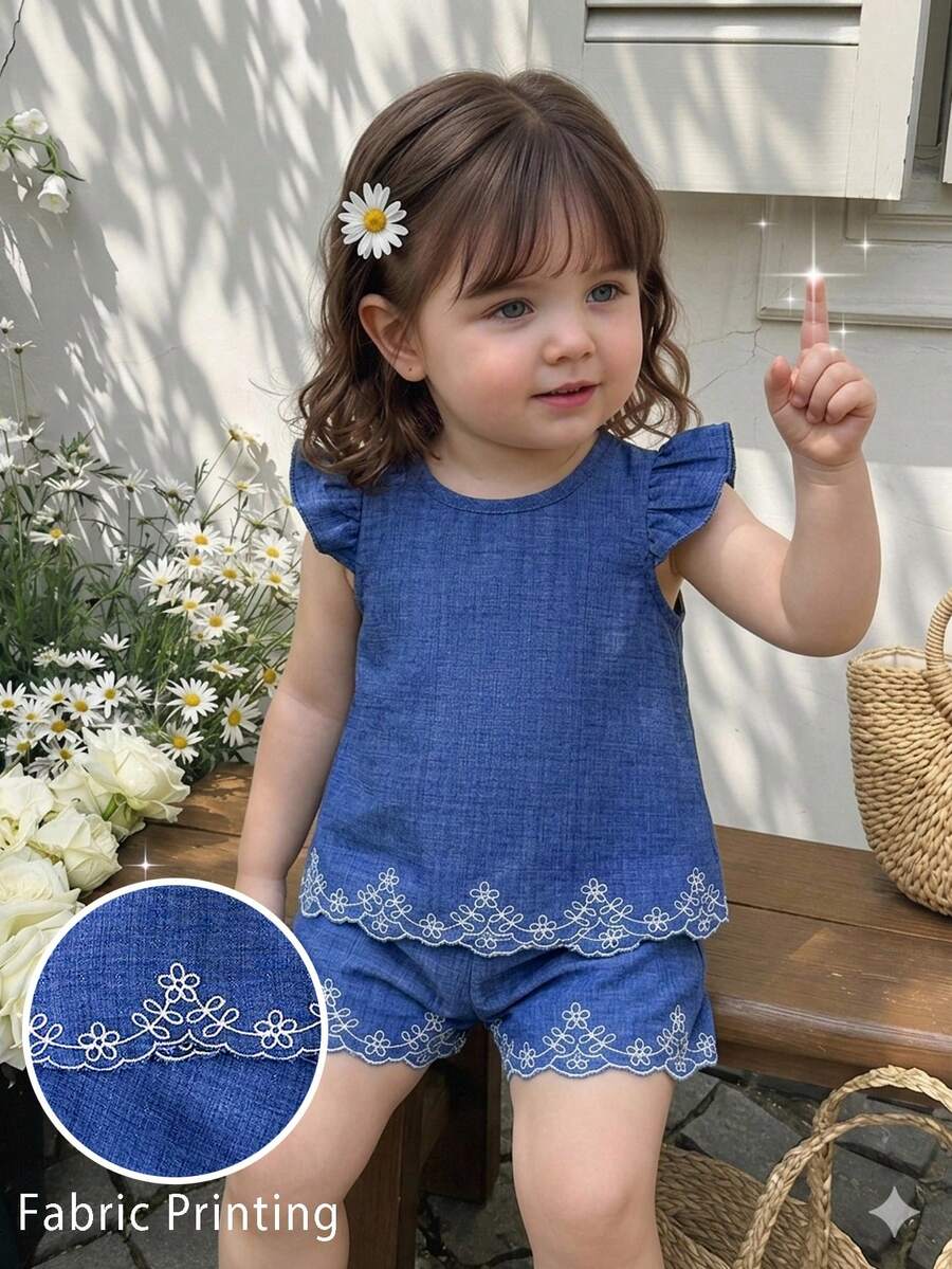 SHEIN 嬰兒男童女童中性 0-3 歲 2 件組休閒刺繡印花圖案,春夏季鄉村風女嬰上衣,女嬰度假套裝,女嬰鄉村風服飾 - 中等水洗藍 - 查看 1