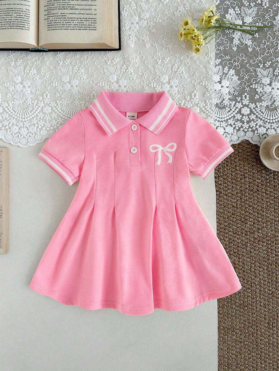 SHEIN 女嬰白色休閒洋裝，單件，羅紋領口，羅紋袖口，適合居家、休閒、外出、運動、派對