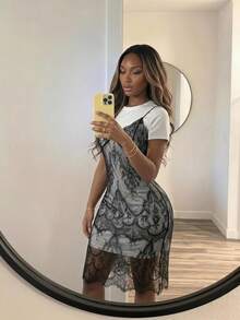 SHEIN SXY Robe 2 en 1 avec patchwork de dentelle - Noir et Blanc - Voir 4