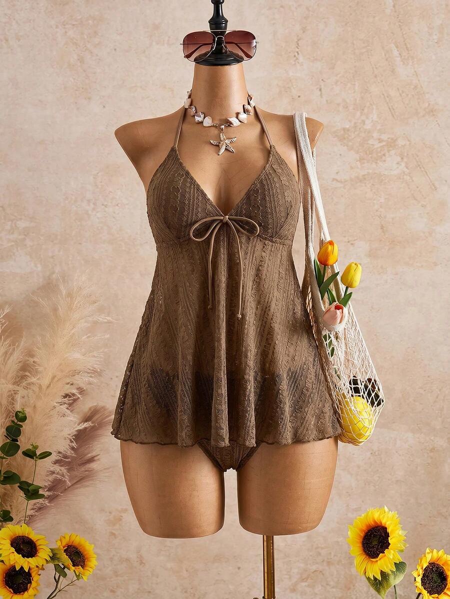 Bellisia 女士纯色简约日常穿搭挂脖系带泳衣裙 - 棕色 - 查看 1
