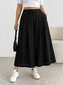 SHEIN Tall CURVE Plus Size Women's Solid Color Pocket Casual Wide Leg Cropped Pants Formal Office Brunch Bussines Teacher Black Autumn Teachers' Day - Black - View 8