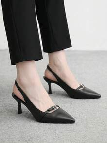 CUCCOO BIZCHIC 黑色尖頭細高跟slingback女鞋 扣飾設計 四季通勤時尚簡約 百搭日常宴會派對女鞋 - 皮料黑 - 查看 3
