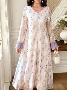Yasmyna 紫色刺繡3D花卉布料，百褶袖口，寬鬆休閒洋裝 - 紫色 - 查看 8