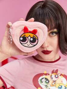 The Powerpuff Girls | ROMWE 粉色毛絨卡通圖案刺繡零錢包，便攜迷你收納袋，適用於各種包款作為掛飾包，PPG Joint 型號 - 粉色花花 - 查看 1