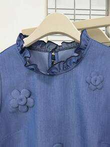 SHEIN Summer Blue Sleeveless Vest With Ruffled Stand Collar And 3D Floral Applique Elegant Cute Suitable For Casual And Professional Occasions Brunch - Blue - View 6