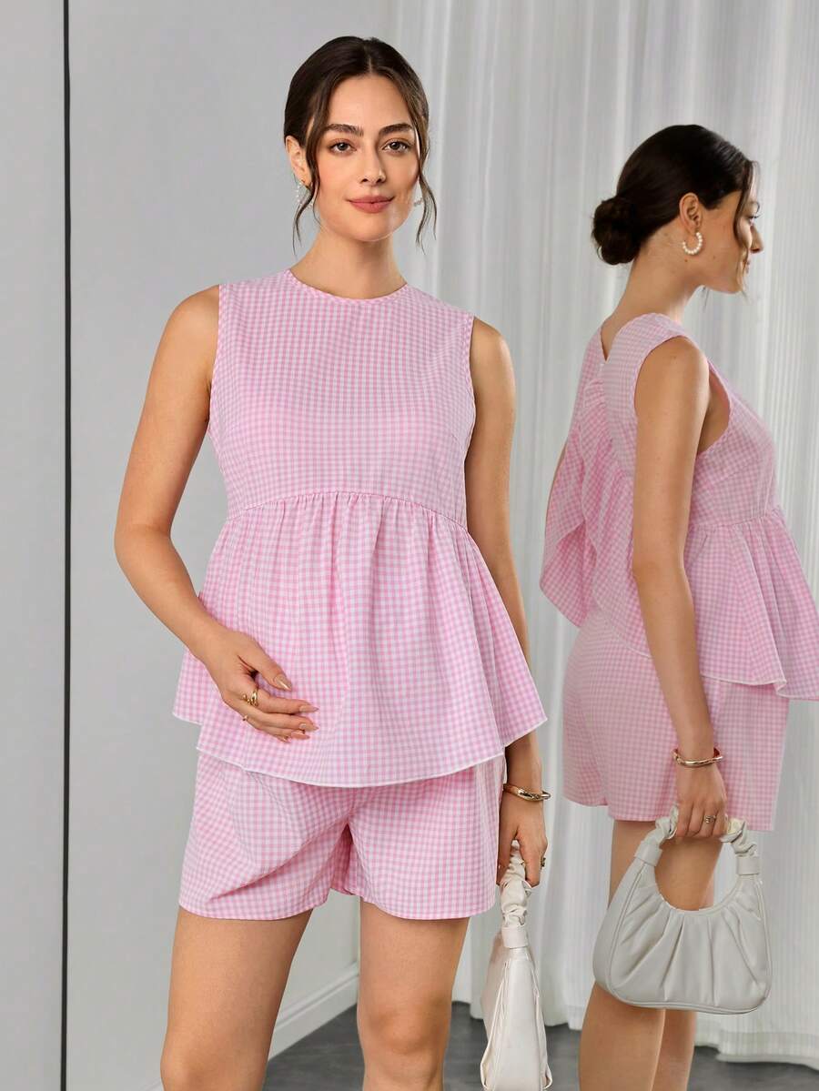 Momance-D Women's Pink Plaid Tank Top + Adjustable Waist Shorts Maternity 2 Pieces Set, Summer Postpartum - Pink - View 1