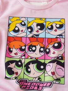 THE POWERPUFF GIRLS X SHEIN 2件組可愛休閒風女嬰舒適圓領短袖T恤與短褲套裝 - 粉色 - 查看 5