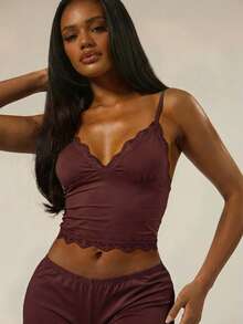 MUSERA Triangle Bust Lace Trim Adjustable Strap Cami Top And Fitted Boxer Boyshort Multipack Set Lingerie Nightwear Pajamas - Chocolate Brown - View 4