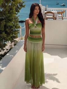 Bonvoyette New Spring Summer Multicolor Gradient Halter Ruched Bandeau Maxi Skirt Romantic Beach Party Vacation Green Elegant Tropical Sexy 3-Piece Swimsuit Set - Multicolor - View 5