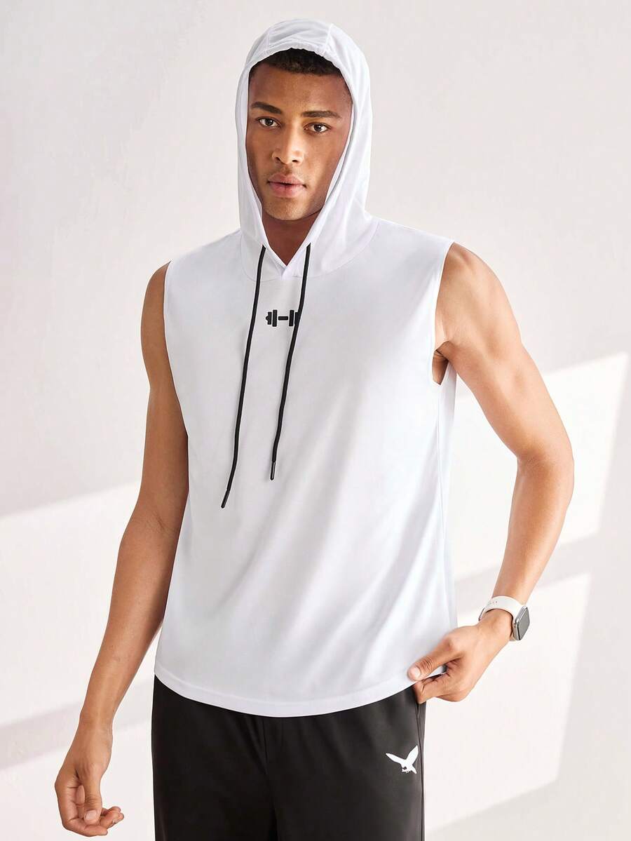 Driftmere Men's Barbell Print Drawstring Waist Hooded Sports Tank Top, Gym Workout Running - White - View 1