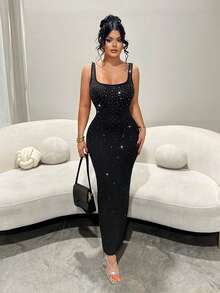 SHEIN SXY Plus-Size Black High-Elastic Knit Rhinestone Embellished Backless Slim-Fit U-Neck Halter Sleeveless Cocktail Dress, Sexy And Elegant - Black - View 8