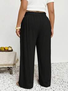 SHEIN Tall CURVE 大码女式纯色荷叶边腰带休闲裤 - 黑色 - 查看 7