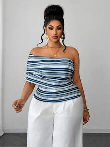 Maweii Plus Size Women's Summer Vacation Beach Blue And White Striped Knit Top Asymmetrical Shoulder Design Fitted Sleeveless Casual Western - Multicolor - View 4