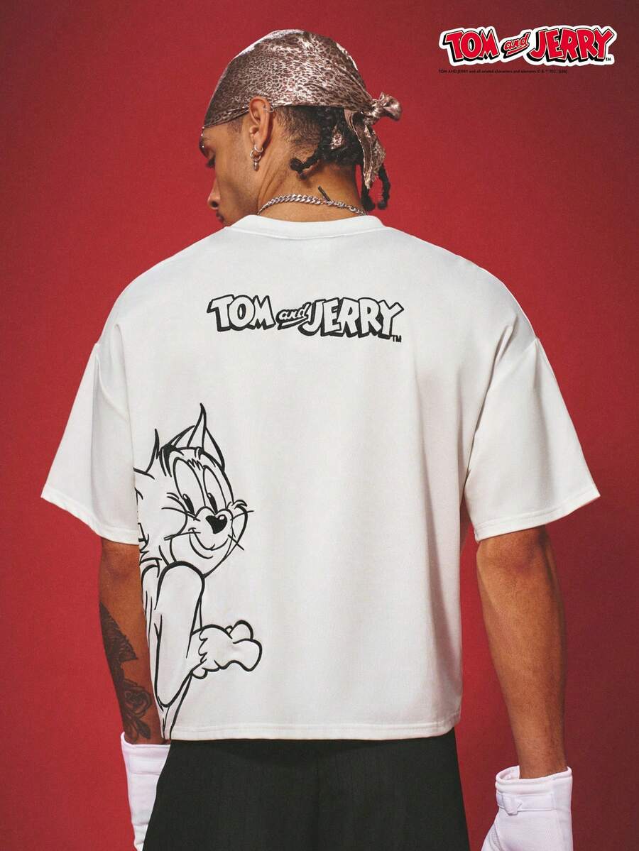 TOM & JERRY X SHEIN PAVTROS 男士街頭時尚字母印花圓領短袖T恤,週年紀念禮物 - 白色 - 查看 1