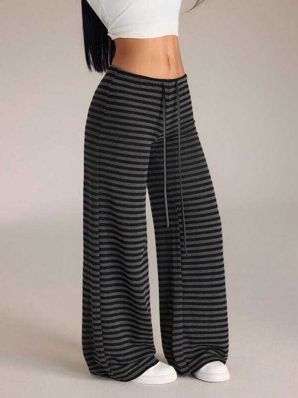 SHEIN PETITE Pantalon long à rayures noires ultra taille basse pour femmes, nouvelle collection automne/hiver, pour femmes de petite taille