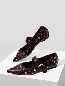 MOTF Zapatos planos tipo Mary Jane casuales para mujer con decoración de remaches, zapatos de primavera - Burdeos - Ver 3