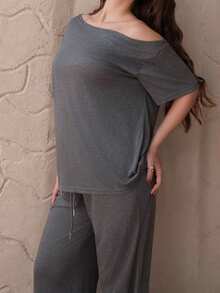 Duda Rubert Women's Summer Minimalist Streetwear Basic Going Out Sport Comfortable Off Shoulder T-Shirt And Wide Leg Sweatpants Two Pieces Outfits Elegant - Dark Grey - View 3