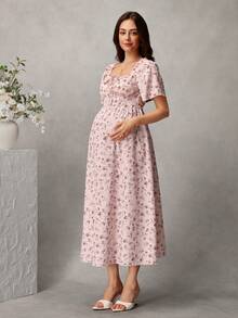 SHEIN 女款舒適粉色花卉拼接休閒孕婦洋裝 - 粉色 - 查看 4