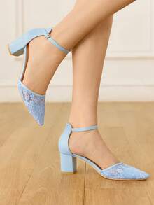 CUCCOO HITCHD White Lace Pointed-Toe Block Heels. Elegant Bridal Shoes For Wedding, Party, Prom And Holidays. Stylish Picks For Spring & Special Events. - Light blue - View 6