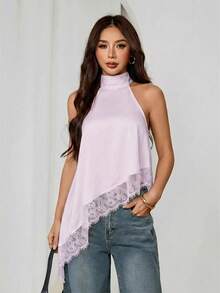 SHEIN PETITE 不對稱高領掛脖上衣，蕾絲飾邊，晚宴派對款 - 淡紫色 - 查看 5