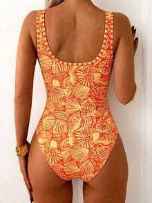 SHEIN Swim 女款一件式露背時尚泳衣，多色印花，優雅休閒度假海灘穿搭 - 彩色 - 查看 2