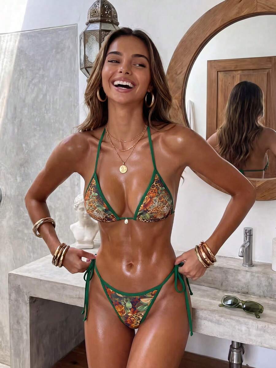 Swim Chiccia 2026 Spring/Summer Women's Green Drawstring Halter Leopard Print Random Floral Beach Shell Decor Side Tie High Cut Thong Bikini Set Set
