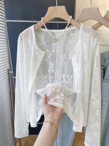 Tween Girl) Casual Basic White Base Daily Season Cooling Outerwear Cardigan With Bow Lace Collarless Open Front Long Sleeve Jacket - White - View 3