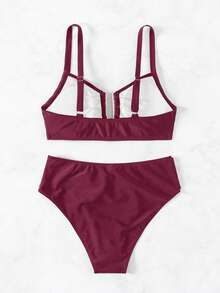 SHEIN Swim 2026 Spring/Summer Women's Burgundy Adjustable Thick Strap Solid Color Gold U-Shape Decor High Cut Bikini Bottom Two Pieces Swimsuit Set - Burgundy - View 5