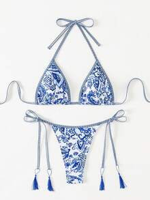 SHEIN Swim 佩斯利印花两件套比基尼套装，夏日海滩 - 藍白色 - 查看 3