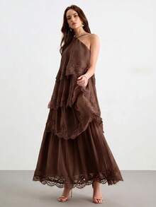 Willow Rêve 女款天絲掛脖式長洋裝，蕾絲荷葉邊飾邊，分層設計，優雅度假洋裝 - 棕色 - 查看 4