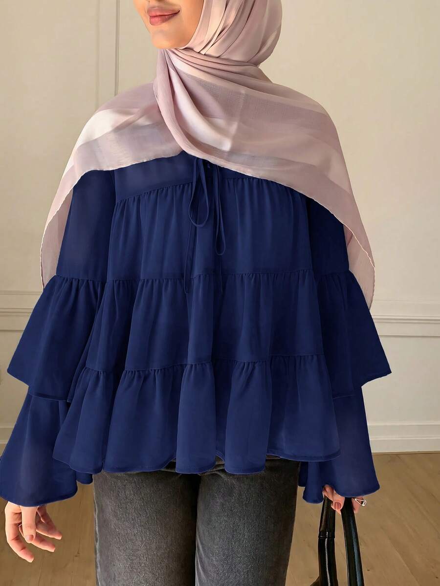 Solavon Camisa de vacaciones versátil con volantes en el bajo y lazo delantero para mujer