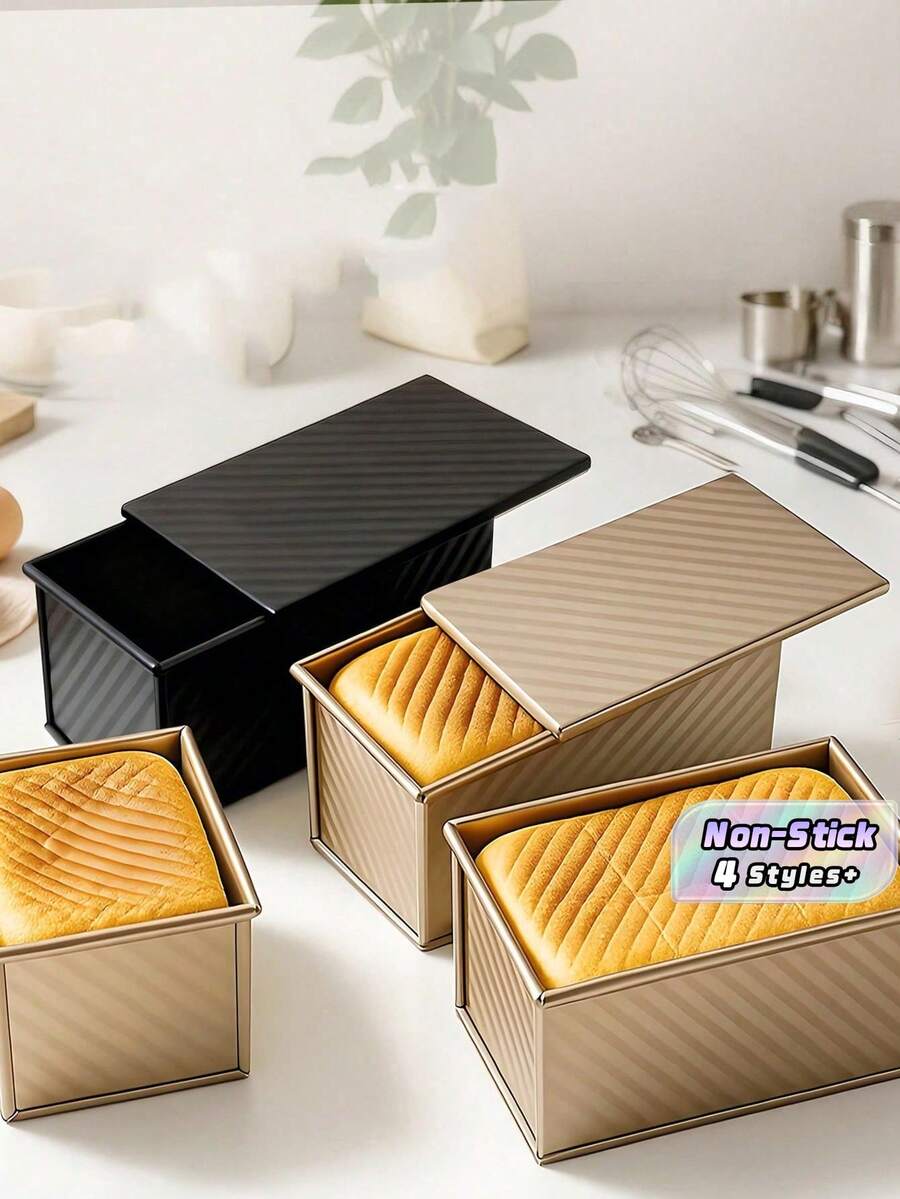 1 Standard Size Toast Mold, Black/Gold, Rectangular With Lid, Textured. Evenly Baked, Easy To Release. Kitchen Baking Tray, Bread Baking Pan, Kitchen Baking Accessory Is An Excellent Choice For Baking Bread On Weekends And Holidays. - Multicolor - View 1