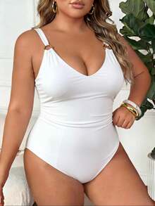 SHEIN CURVE+ Plus Size Solid Color Metal Decor Ruched One-Piece Swimsuit - White - View 5