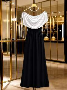 GlowEve CURVE Plus Size Women's Summer Elegant Casual Formal Asymmetrical Shoulder Overlay Waist-Cinching Slit Dress Wedding Brunch Dinner Evening Black And White - Black and White - View 2