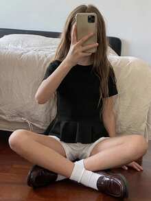 DAZY 青少年女孩夏季休閒百搭純色短袖T恤 - 黑色 - 查看 3