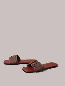 Styleloop Sandal Datar Wanita Musim Panas Sandal Liburan Bohemian Ujung Terbuka Sandal Selop Bersol Lembut - Coklat + Kulit - View 10