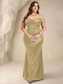 Coutiva Vestido de noche formal elegante con bloque de color, hombros descubiertos y cintura fruncida para mujer de talla grande - Amarillo - Ver 6