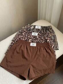 SHEIN EZwear 大尺碼豹紋素色迷彩樹枝印花牛仔休閒短褲3件組 - 棕色 - 查看 2