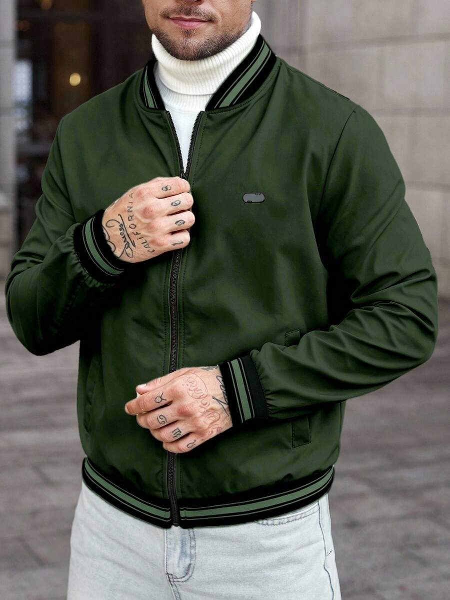 Manfinity CasualCool Men's Spring/Autumn Casual Fashion Street Style Daily Commute Color Block Striped Trim Zipper Front Baseball Jacket - Army Green - View 1