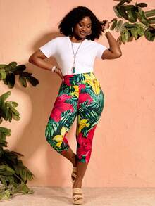 EMERY ROSE Plus Size Women's Tropical Plant Print 3/4 Length Leggings For Vacation Summer Spring Clothing Beach Outfits For Women Vacation Outfits - Multicolor - View 7