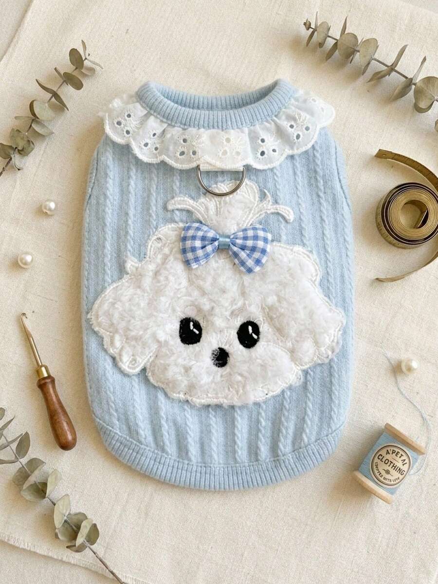 PETSIN 1PC Spring Autumn Thin Dog Vest, Cute Scruffy Dog Print Lace Vest With Leash Hole For Bichon Small Dogs - Blue - View 1