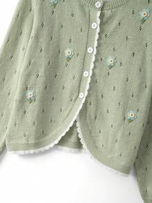 GlowEve CURVE Plus Size Elegant 3D Floral Contrast Color Wavy Trim Button Round Neck Long Sleeve Cardigan - Green - View 4
