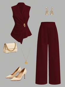Franclia Women's Elegant 2026 Spring/Summer Asymmetric Sleeveless Ruched Metal Button Long Pants 2 Pieces Set - Burgundy - View 6