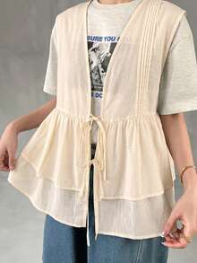 FRIFUL Camiseta sin mangas de mujer de unicolor con lazo delantero y bajo con volantes para el verano - Albaricoque - Ver 5