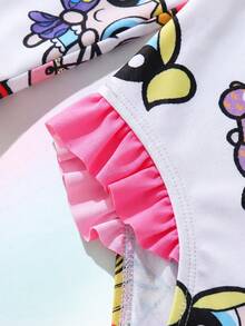 Maija Kids THE POWERPUFF GIRLS X SHEIN Young Girl Young Girl Young Girl 卡通印花拼色連身泳衣，適合海灘度假、泳池派對、海灘派對夏季 - 粉色 - 查看 3