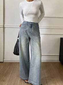 DAZY Women's Distressed Washed Wide Leg Denim Jeans - Blue - View 4