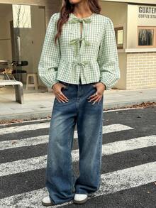 MainGRL Camicetta da donna vintage moderna a quadri bianchi e neri in velluto con maniche a palloncino lunghe e sciolte, con laccio davanti - Menta Verde - Visualizzare 4