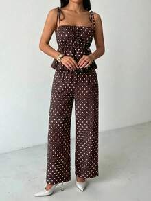 SHEIN PETITE Women's Vacation Casual Tropical Sexy Brown And White Polka Dot Print Camisole Long Pants 2 Pieces Set,Petite Beach Summer - Coffee Brown - View 3
